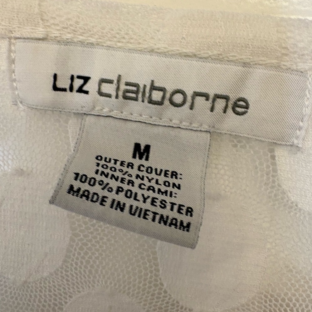 Liz Claiborne White Polka Dot Mesh Overlay Sheer Blouse Preppy Classic Medium - Picture 4 of 5